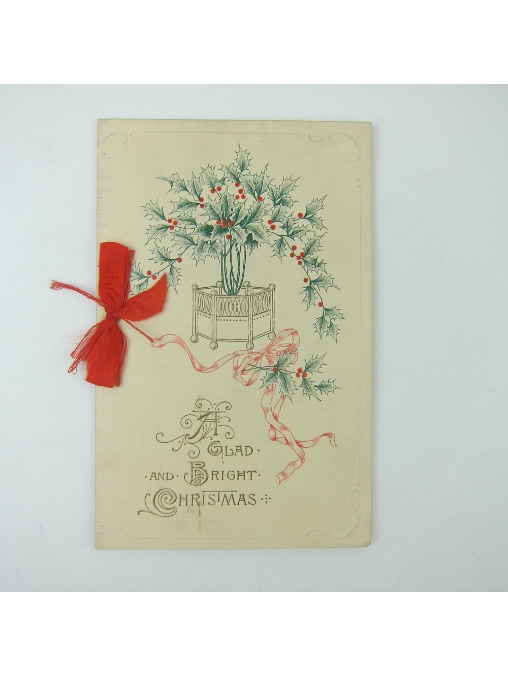 Antique Christmas Card Holly Berries Red Ribbon Templemore Poem Germany 1920s